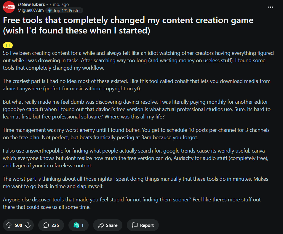 Reddit post: Free tools that completely changed my content creation game