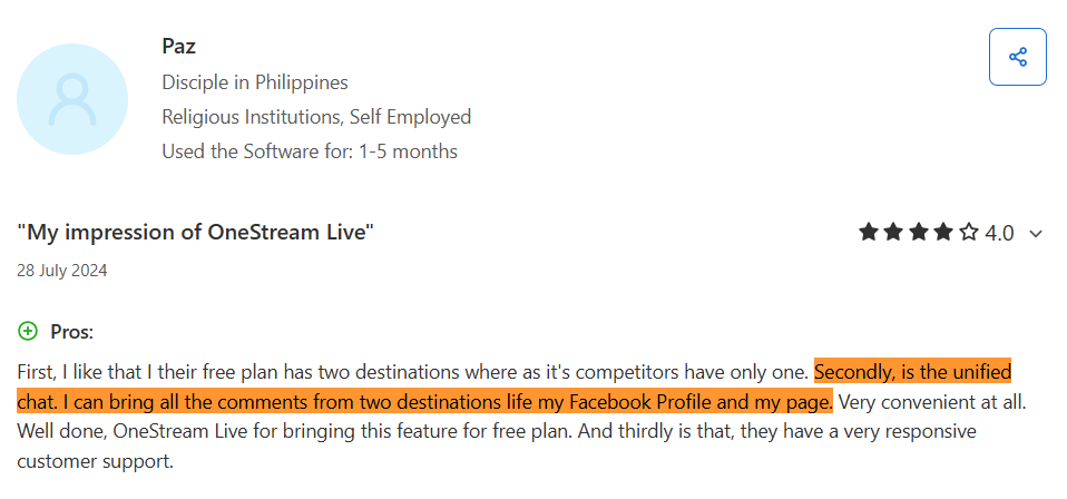 A verified OneStream Live unified chat review on Capterra