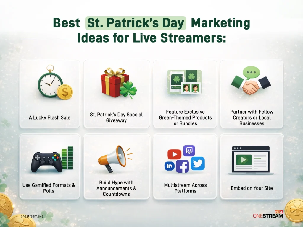 St Patrick’s Day marketing ideas for live streamers: giveaways, social media posts, sales & promotions that convert in 2026.