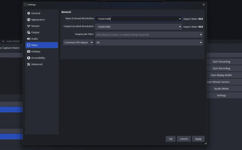 Confirm Resolution and FPS in OBS Studio