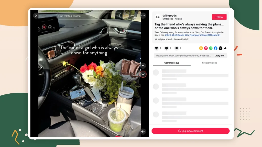 Drift TikTok post showing a lifestyle-focused car interior image presented in the brand’s familiar visual style.