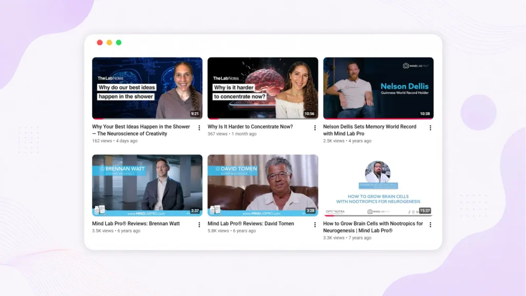 Mind Lab Pro YouTube videos showing how a clear brand voice can combine scientific credibility with approachable educational content.